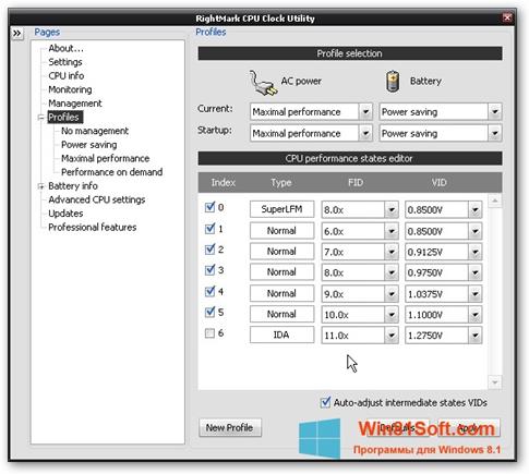 Скриншот программы RMClock для Windows 8.1