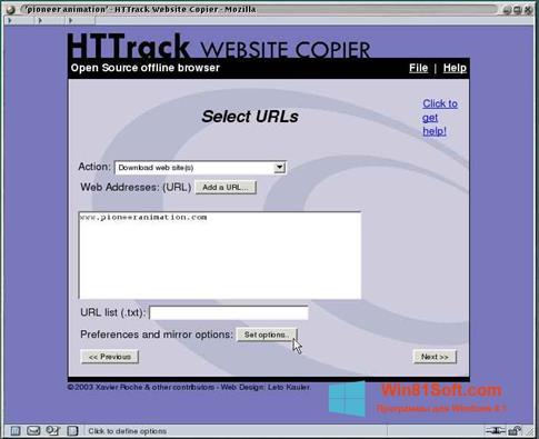 Скриншот программы HTTrack Website Copier для Windows 8.1