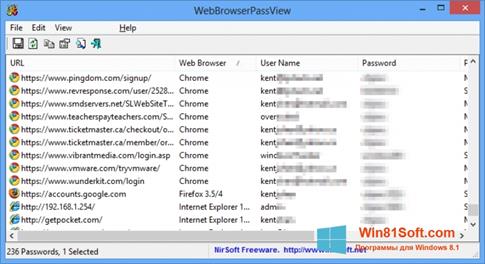 Скриншот программы WebBrowserPassView для Windows 8.1