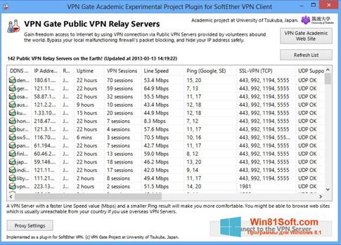 Скриншот программы VPN Gate для Windows 8.1