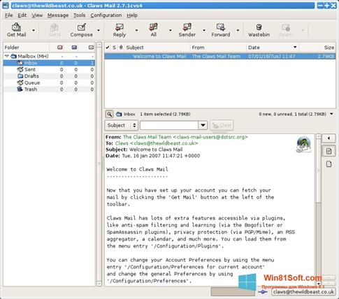 Скриншот программы Claws Mail для Windows 8.1