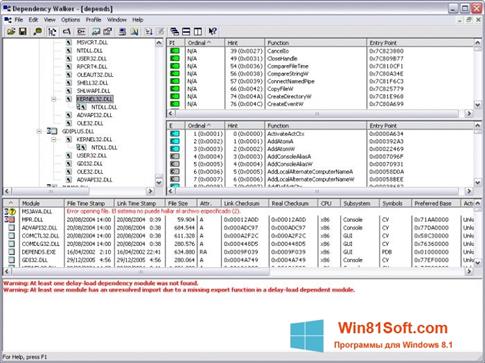 Скриншот программы Dependency Walker для Windows 8.1